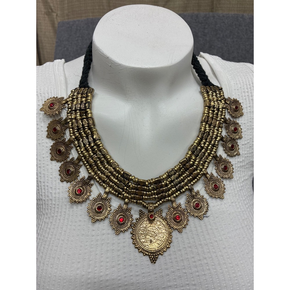 Vintage Afghanistan Boho Tribal Necklace Antique Gold Red Coin Medallion